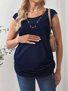 Blusa maternidad dama mujer embarazada embarazo premama mama futura baby shower babyshower bebe manga corta cuello redondo collar incluido piedras brillo dorado cadena encaje mesh floreado floral flor semitransparente estilo casual ajuste cómodo suave elastico ligera fresca primavera verano otoño diario hogar salidas brunch casa oficina - Azul Marino - Ver 3