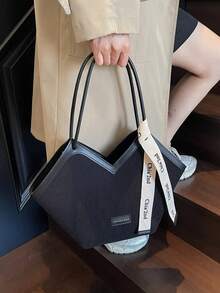 新款时尚条纹帆布材质，PU包边，开口设计，大容量单肩手提包，字母标签装饰，休闲简约购物袋，时尚单肩包，饰有字母丝带。适合日常购物、通勤、旅行和聚会。 - 黑色 - 查看 3