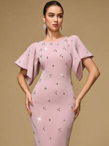 Women's Round Neck Puff Sleeve, Drawstring Back Neck, Handmade Rhinestone Embellished Elegant Dress - Pink - View 7