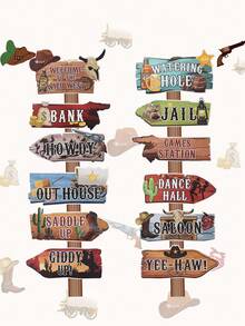12pcs Western Cowboy Theme Directional Road Signs, Cowboy Birthday Party Signs, Western Cowboy Theme Party Supplies, Party DIY Paper Signs, Western Cowboy Theme Photo Booth Props, Waterproof Large Western Cowboy Theme Stake Signs - Western Cowboy Theme - View 1