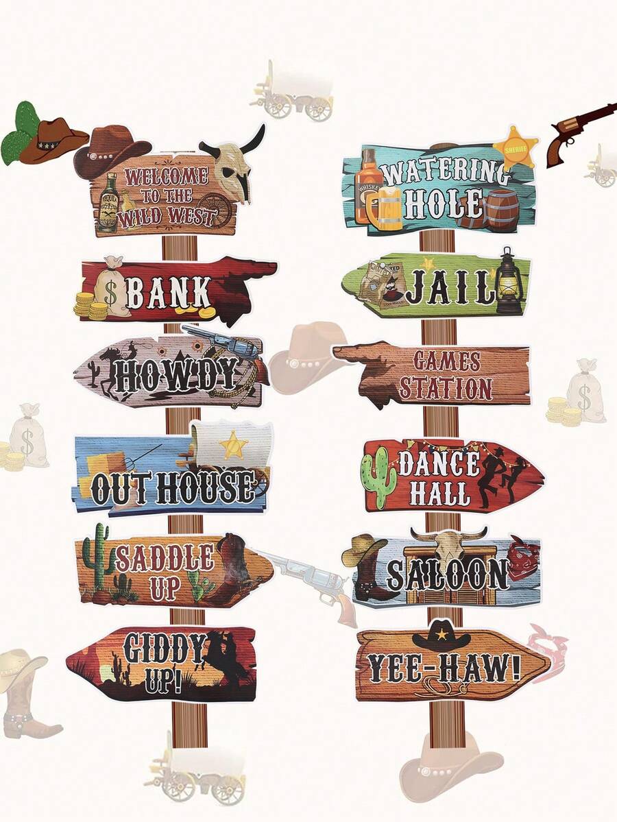 12pcs Western Cowboy Theme Directional Road Signs, Cowboy Birthday Party Signs, Western Cowboy Theme Party Supplies, Party DIY Paper Signs, Western Cowboy Theme Photo Booth Props, Waterproof Large Western Cowboy Theme Stake Signs - Western Cowboy Theme - View 1