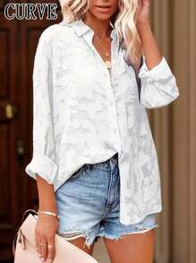 Plus Women's Floral Print Chiffon Long Sleeve Button Up Blouse - White - View 1