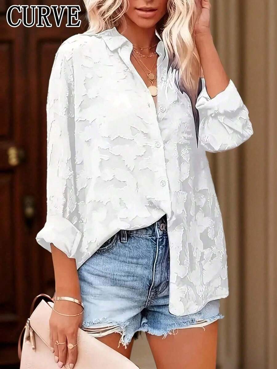Plus Women's Floral Print Chiffon Long Sleeve Button Up Blouse - White - View 1