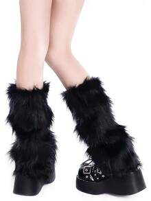 OSPNIEEK Womens Faux Fur Furry Leg Warmers - 黑色 - 查看 6