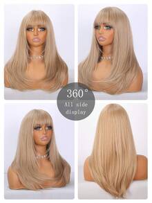 24-Inch Light Blonde Medium-Length Straight Wig With Bangs And Rose Lace, Suitable For Daily/Party/Holiday Wear - Gold - View 7