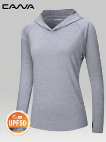 Cavva 女式 UPF50+ 全覆盖连帽长袖上衣，吸湿排汗，轻盈透气，插肩袖，修身廓形，拇指孔袖口，跑步、徒步、旅行 - 淺灰色 - 查看 3