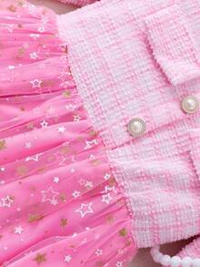 女童长袖格子撞色网眼优雅连衣裙（配包） - 粉色 - 查看 8