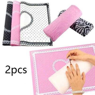 2pcs Manicure Hand Pillow + Desk Mat, Foldable Lace Polka Dot Pattern Manicure Silicone Pad, Soft Removable Towel Hand Pillow, Suitable For Nail Salon, Home Manicure, Holiday Gift (White, Pink, Black)