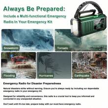 راديو طوارئ 10000 ملي أمبير، راديو شمسي، راديو يدوي، راديو الطقس NOAA AM FM، 3 طرق للشحن، بطارية بوليمر، مصباح يدوي وإضاءة للقراءة، إنذار SOS، شاحن للهاتف للحالات الطارئة - أخضر عسكري - مشاهدة 9