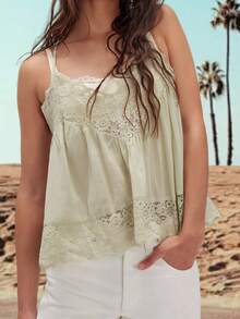 Babydoll Tops For Women Y2k Lace Boho Tops Sleeveless Spaghetti Strap Tank Tops Solid Color See Through Cami Tops V Neck Backless Loose Fit Shirts Going Out Smocked Tops Beach Vacation Peplum Tops Streetwear Vintage Clothes - 卡其色 - 查看 3