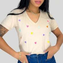 SILK ROUTE Women's T-Shirt Blouse Basic V-Neck Cotton Heart Print T-Shirt In Various Colors - Nude - 查看 2