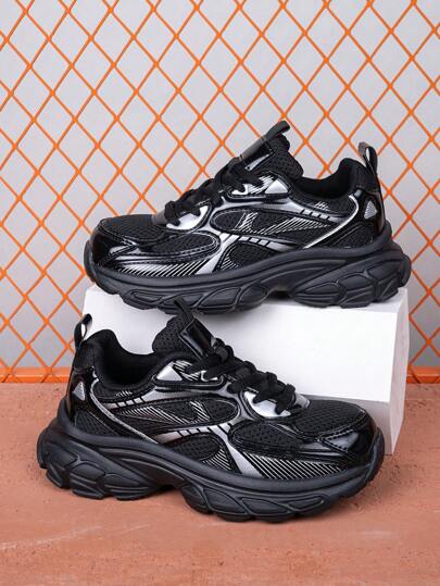 1 par de zapatillas casuales con cordones para niños, zapatillas de suela gruesa y amortiguación, con parte superior en bloques de color, ideales para uso diario casual y deportivo