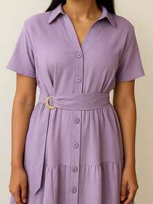 Linen Midi Dress With Lining, Buttons And Structured Collar - Lilac Purple - View 3