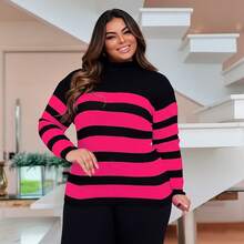 Plus Size Cold Knit Cacharrel Blouse With Thick Stripes And High Neck For Women - Rosa Fucsia - Ver 3