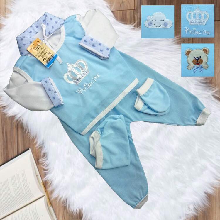 Luxury Pagan Set With Embroidery And Print For Baby Boy Or Girl, Newborn And Premature Size - Màu xanh nhạt - Xem 2