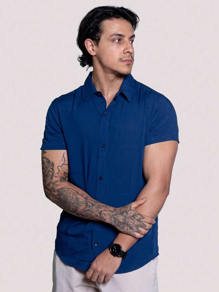 Linen Shirt Short Sleeve Formal Summer Fresh Italian Collar Elegant In Visco-Linen - Màu xanh hải quân - Xem 3