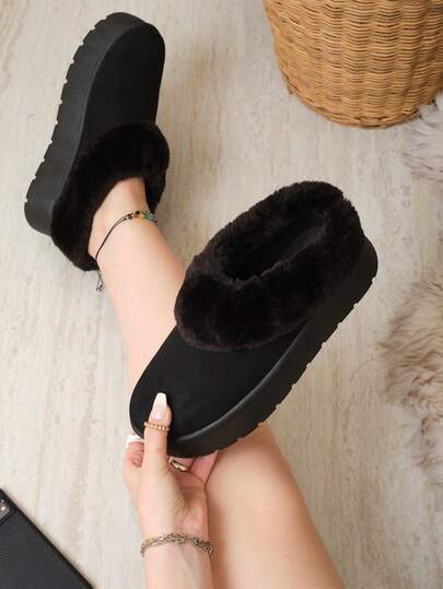 Botin con peluche para dama de nieve exteriores, suela rígida, cómodos, gruesos y con aumento de altura, tipo slip-on, peluche interno, peluche externo de vista  Liso    Casual    Tela    Casa