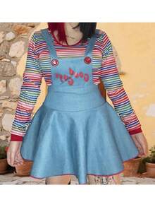 Women Devil Costume Halloween Cosplay Long Sleeve Striped Tops And Suspender Skirt Outfits - Màu xanh lam - Xem 6