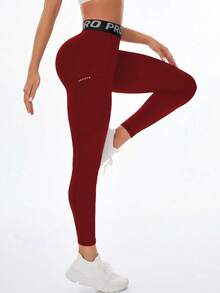 New Arrival Spring/Summer Letter Waist Yoga Pants, Women's Lifting Tummy Control Outer Wear Leggings, Black With Side Pockets Outdoor Casual Versatile Fitness Pants - Suitable For Daily Wear