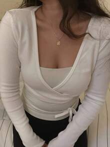 Womens Tie Side Tops Long Sleeve Deep V Neck Solid Color Slim Fit T-Shirts Workout Blouses - White - View 5