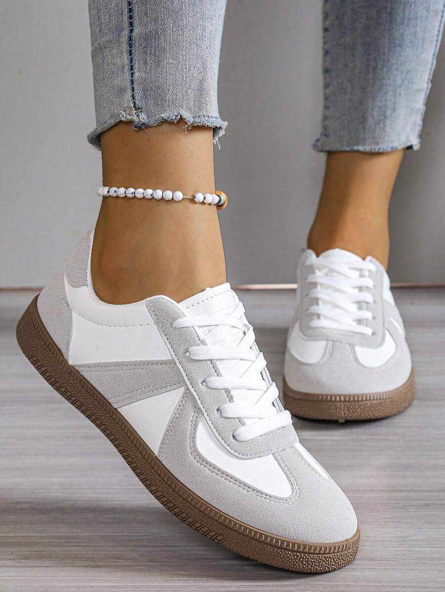 Women's Lightweight Breathable Sneakers - Casual Low-Top Lace-Up Shoes With Round Toe, White & Gray Two-Tone Design, Comfortable All-Day Wear For Everyday Use, Casual Footwear | Round Toe Shoes | Synthetic Cover Upper, Women's Contrast Color Trainers, Casual Lace Up Low Top Flat Sneakers, Lightweight Daily Wear Walking Shoes Plus Size, Shoes For Ladies, Sneakers For Women Shoes Sneakers