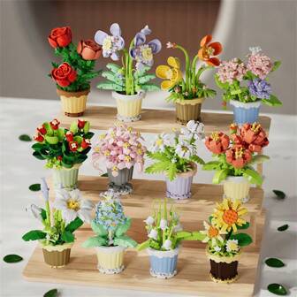 1pc Miniatuur Bouwstenen Simulatie Bloempot Mini Baksteen Landschapsmodel Roos Zonnebloem Jasmijn Blok Decoratie Speelgoedkamer Decoratie, Microstenen, Bloemstenen, Miniatuur, Bouwstenen, Bakstenen, Blokken