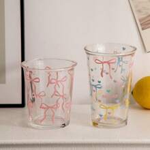 1/2pcs Ribbon Glass Cup, Pink Bowknot Iced Coffee Cup, 11oz Elegant & Cute Drinking Cup, Suitable For Women, Girlish And Sister Gathering