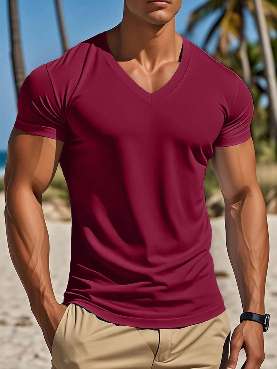 Men's Casual Solid Color V-Neck Short Sleeve T-Shirt, Summer - Burgundy - View 1