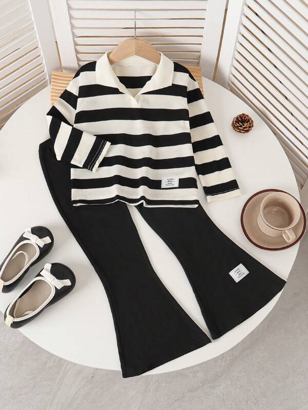 少女条纹高领长袖上衣+休闲喇叭裤套装
