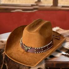 Retro Western Wide Brimmed Hat With Bullhead Decorative Band Suede Cowgirl Cap For Men Woman - Brown - View 2