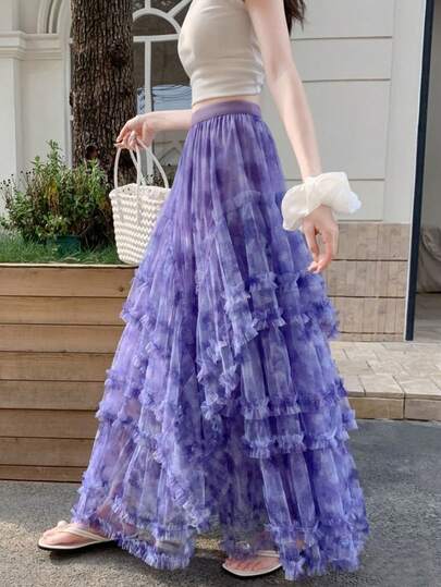 Fustă maxi asimetrică încântătoare cu imprimeu floral din plasă, model patchwork, cu volane, pentru femei