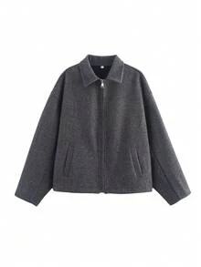 Áo khoác SHIBASHAN thời trang thu đông cổ bẻ tay dài có khóa kéo có túi, dáng rộng thường ngày - Xám đậm - Xem 2