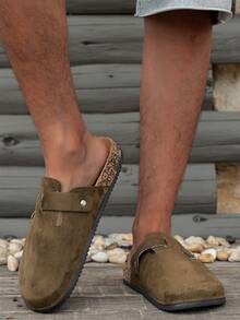 男士穆勒鞋，新款春季复古休闲一脚蹬鞋，宽松舒适，闭趾平底穆勒鞋，配有可调节绑带，有四季皆宜的非抓绒款和秋冬季保暖款可选。 - 軍綠色 - 查看 4