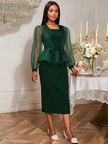 女士两件套服装网眼透视前开上衣衬衫系带背心修身中长连衣裙套装俱乐部服装、约会服装、派对服装、婚纱、伴娘礼服、毕业礼服、婚礼宾客秋季女装、返校 - 墨綠 - 查看 3