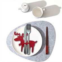 10 piezas Manteles individuales de reno navideños, bolsas portacubiertos de fieltro, bolsillos para cuchillo y tenedor, decoración de mesa navideña, decoraciones navideñas