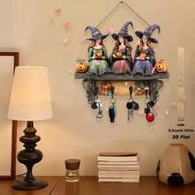 1 件复古波西米亚万圣节女巫木制墙饰带挂钩 - 2D 平面木质装饰，女巫帽和南瓜设计，入口通道/派对钥匙链，无需电力，2D 平面