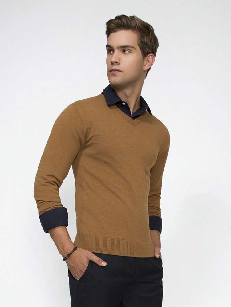 Basic V-Neck Knit Top, Fall/Winter, Regular Fit - 查看 2