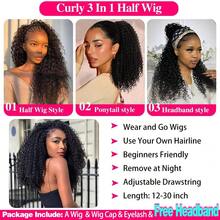 18 Inch Curly Half Wig Human Hair 180 Density 3 In 1 Seamless Flip Over Half Wigs Beginner Friendly Glueless Wear And Go Kinky Curly Wig Human Hair  Headband Wig For Women - Natural Black - 查看 4