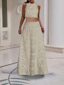 1 chiếc áo croptop không tay thêu hoa khoét rỗng kiểu vintage, họa tiết hoa ngẫu nhiên. - Lạc đà - Xem 9