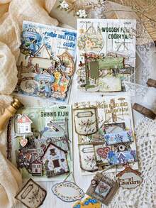 15 piezas/paquete Pegatinas con tema vintage de campo, pegatinas decorativas creativas y estéticas, materiales de manualidades para scrapbooking, regalos para fiestas, suministros escolares personalizados para scrapbooking