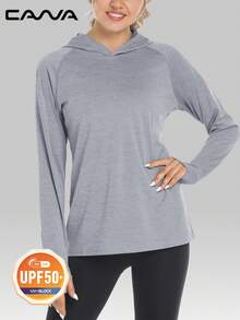 Cavva 女式 UPF50+ 全覆盖连帽长袖上衣，吸湿排汗，轻盈透气，插肩袖，修身廓形，拇指孔袖口，跑步、徒步、旅行 - 淺灰色 - 查看 4