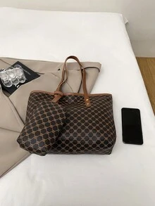 1 件咖啡棕色手提包，全新设计，带金属五金装饰，复古花卉 PU，大容量女士单肩包（带小吊坠配件） - 咖啡棕 - 查看 4