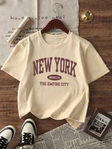 1 件女童休闲印花圆领短袖 T 恤，彩色时尚图案 T 恤，适合学生，夏季 - 杏色 - 查看 4