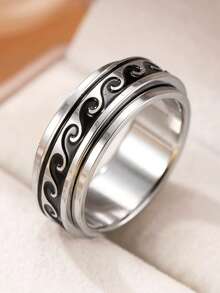 1pc Stainless Steel Wave Pattern Rotating Ring, Stress Relief Jewelry Suitable For Men And Women, Daily Wear, Valentine's Day Gift - Silver - View 1