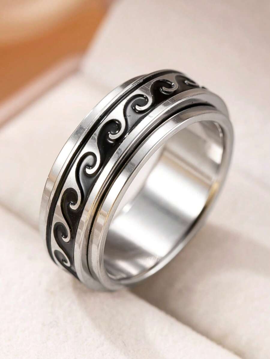 1pc Stainless Steel Wave Pattern Rotating Ring, Stress Relief Jewelry Suitable For Men And Women, Daily Wear, Valentine's Day Gift - Silver - View 1