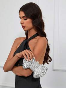 Women Luxury Bowknot Shaped Evening Clutch Sparkling Rhinestones Handbag For Banquet - Silver - View 2
