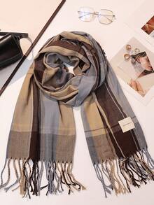 女士格子围巾 - 100% 梭织长披肩，流行款式，厚实保暖，适合大学校园穿着，无弹性装饰格子图案，防风无填充物，是连衣裙保暖围巾的理想之选。 - 貼標格子藍咖 - 查看 4