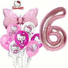 11 قطعة من سلسلة سانريو هالو كيتي، بالونات وردية مطبوعة بشعار هالو كيتي، بالونات وردية بشكل فيونكة وأرقام، مجموعة لحفلة عيد الميلاد العائلية