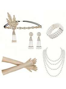6-Piece Set Of 1920s Women's Wedding Celebration Makeup Ball Gatsby Series Retro Elegant Hepburn Style Accessories, Rhinestone Alloy Tassel Headband, Pendant Earrings, Imitation Bracelet Necklace, Long Gloves, Pipe Halloween - Multicolor - View 10