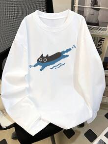 女士宽松猫咪印花长袖棉质T恤，百搭春秋两季 - 白色 - 查看 1